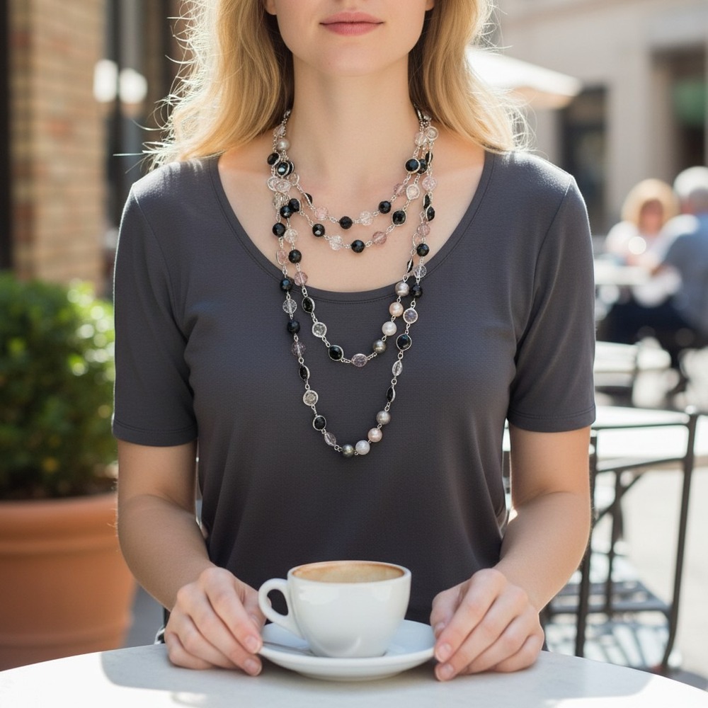 Long Multi Strand Station Necklace Black Crystal Faux Pearl Silver Tone Layered